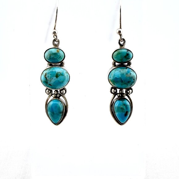 Vintage Sterling Silver Turquoise Dangle Earrings – Modernist 3-Stone Design - Picture 9 of 11